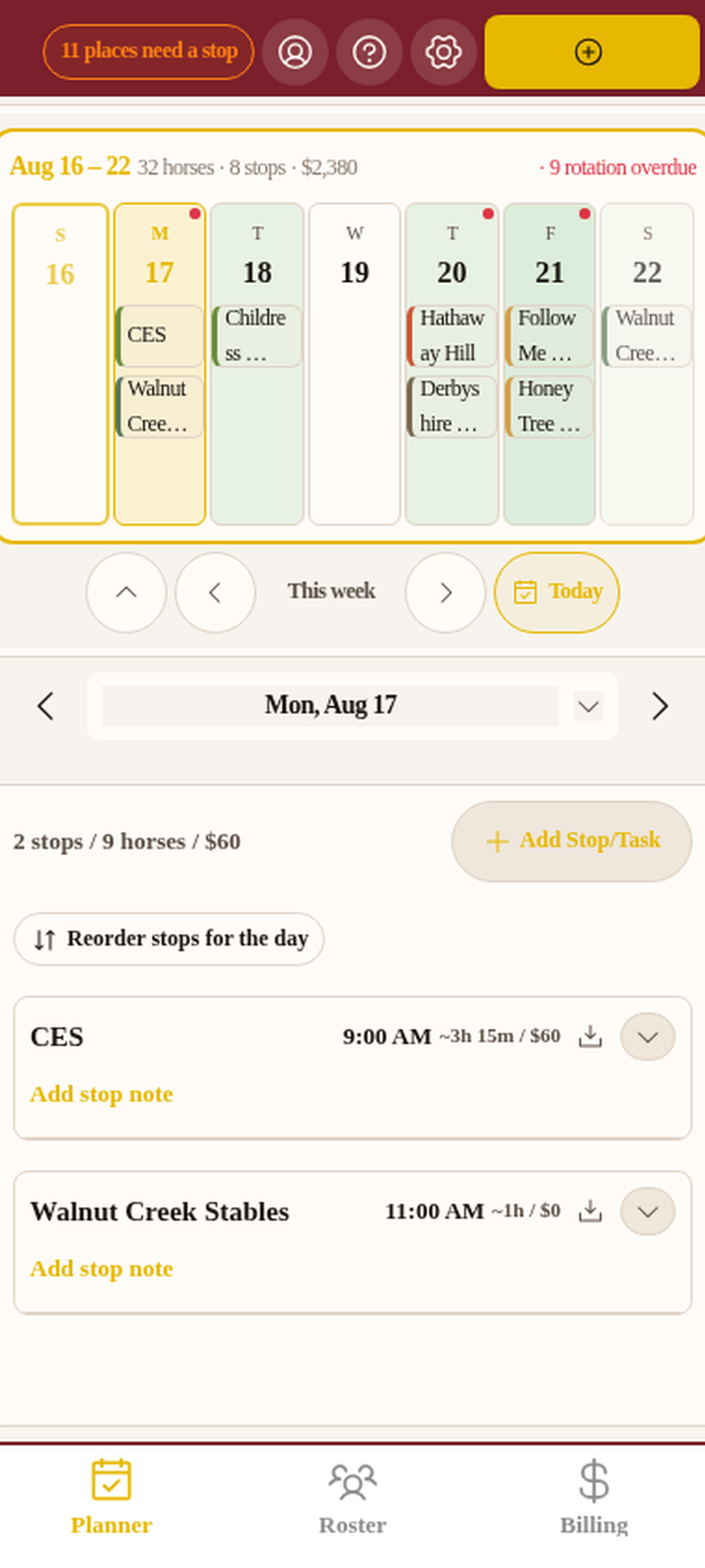 FarrierHub planner week view with barn stops on the calendar