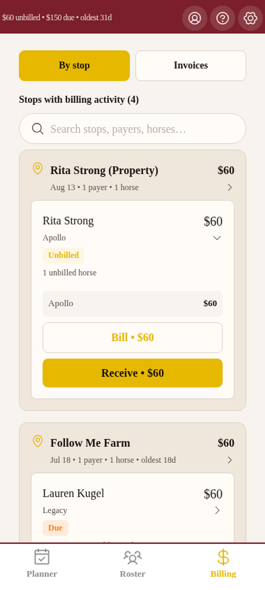 FarrierHub billing by stop, with horses, owners, and paid or due status